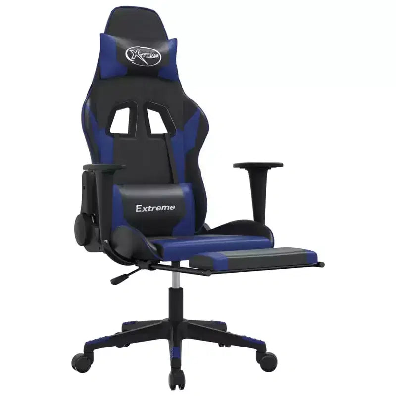Silla de juegos con reposapiés vidaXL, negra y azul, cuero sintético