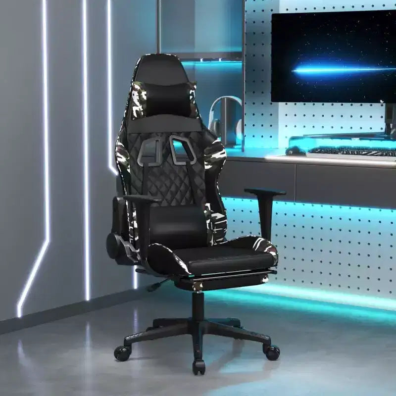 Silla de juegos vidaXL con reposapiés, negro y camuflaje, cuero sintético