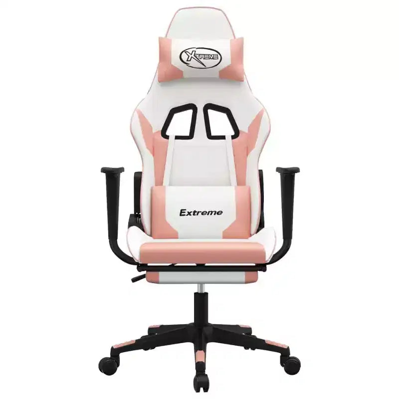 Sillón gaming vidaXL con reposapiés, blanco y rosa, cuero sintético
