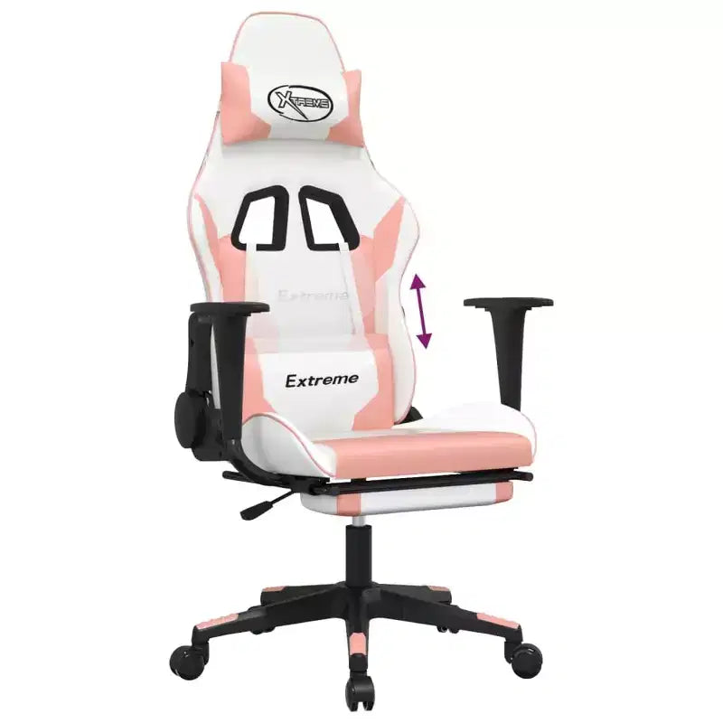 Sillón gaming vidaXL con reposapiés, blanco y rosa, cuero sintético