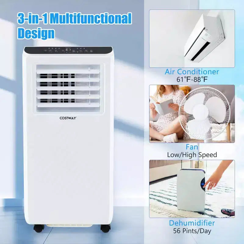 Costway Aire Acondicionado Portátil 6500 BTU (10000 BTU ASHRAE) Enfriador de Aire Deshumidificador Ventilador 3 en 1 Temporizador 24H