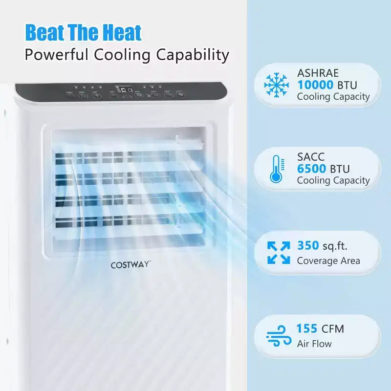 Costway Aire Acondicionado Portátil 6500 BTU (10000 BTU ASHRAE) Enfriador de Aire Deshumidificador Ventilador 3 en 1 Temporizador 24H