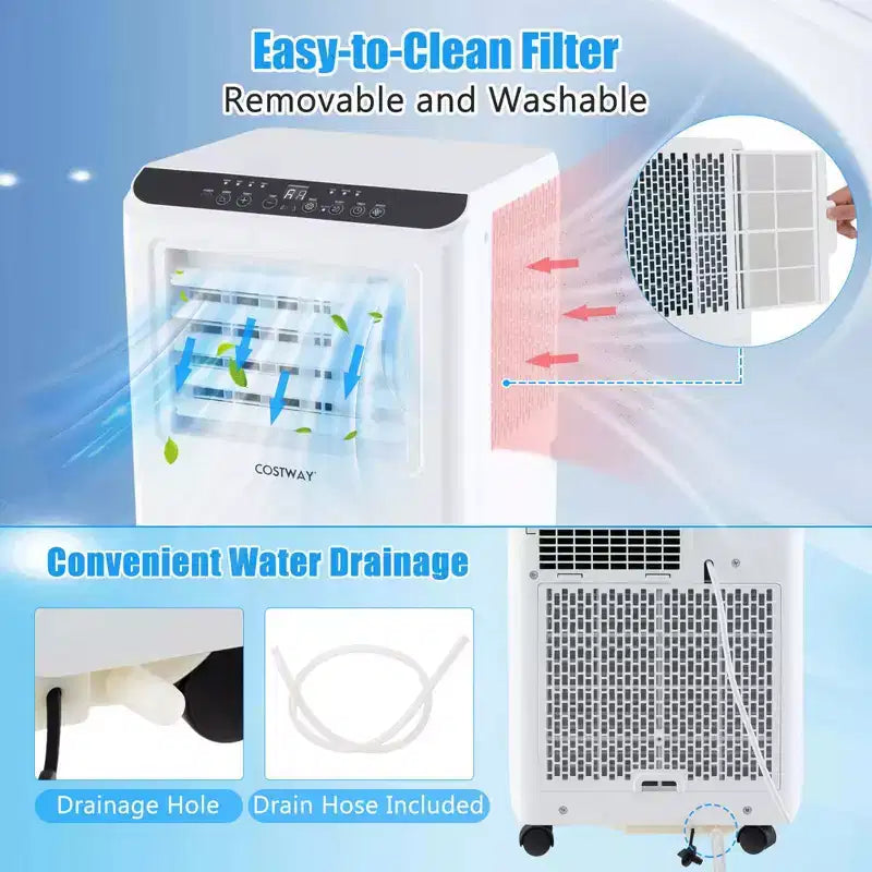 Costway Aire Acondicionado Portátil 6500 BTU (10000 BTU ASHRAE) Enfriador de Aire Deshumidificador Ventilador 3 en 1 Temporizador 24H