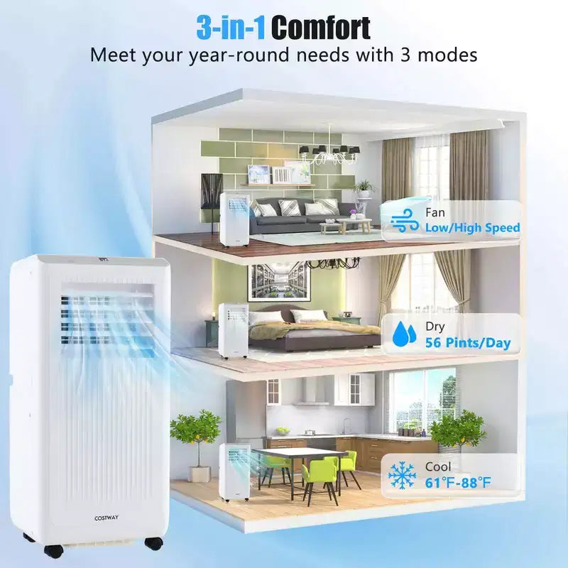 Costway 6500 BTU (10000 BTU ASHRAE) Aire Acondicionado Portátil 3 en 1 Independiente con Deshumidificador