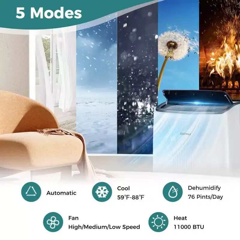 Acondicionador de aire portátil Costway 9200 BTU (14000 BTU ASHRAE) con calefacción y unidad de CA inteligente con WiFi para el hogar