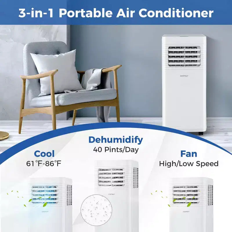 Aire Acondicionado Portátil Costway 9000 BTU Unidad de CA 3 en 1 con Ventilador Deshumidificador Modo de Suspensión 6250 BTU (9000BTU ASHRAE)