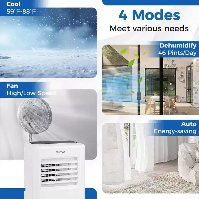 Costway Aire Acondicionado Portátil 3 en 1 de 8000 BTU con Ventilador y Deshumidificador 5000 BTU (8000 BTU ASHRAE)
