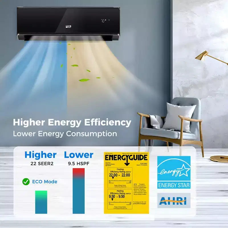 Aire acondicionado y calefactor mini split Costway de 12000 BTU con Wi-Fi y bomba de calor, negro/blanco