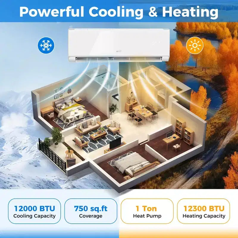 Aire acondicionado y calefactor mini split Costway de 12000 BTU con Wi-Fi y bomba de calor, negro/blanco