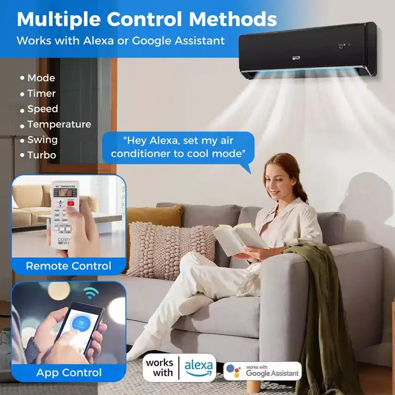 Aire acondicionado y calefactor mini split Costway de 12000 BTU con Wi-Fi y bomba de calor, negro/blanco