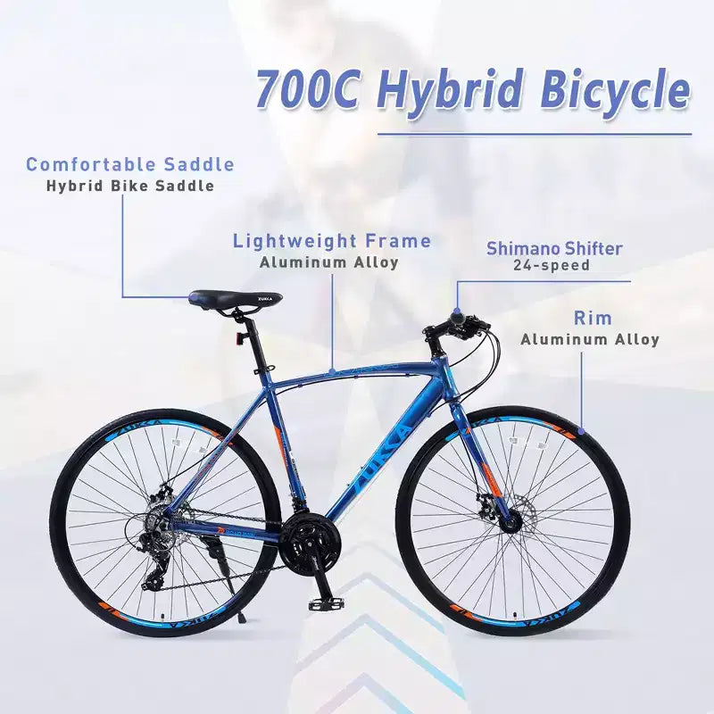 Bicicleta de carretera con transmisión de 24 velocidades, bicicleta 700C con frenos de disco, bicicleta urbana ligera con cuadro de aleación de aluminio, bicicleta híbrida de carretera
