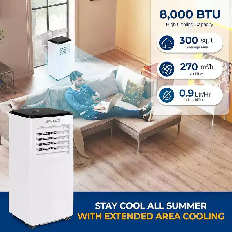 Acondicionador de aire portátil SereneLife SLACP803 con deshumidificador y ventilador de 8000 BTU (blanco y negro)
