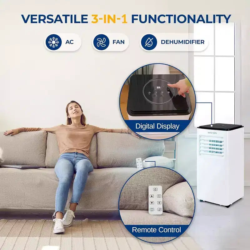 Acondicionador de aire portátil SereneLife SLACP803 con deshumidificador y ventilador de 8000 BTU (blanco y negro)