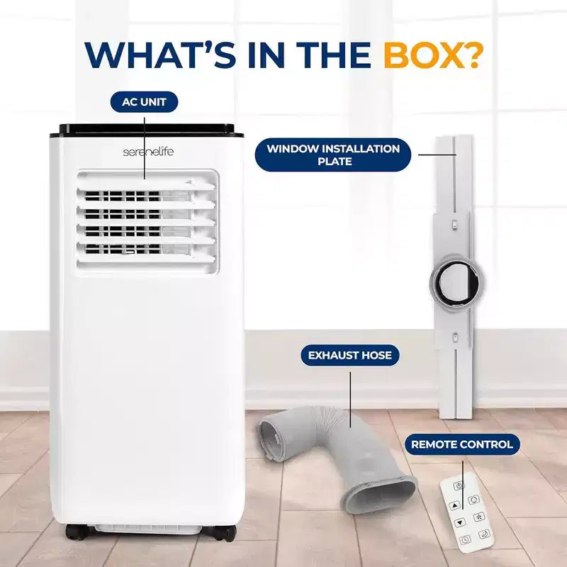 Acondicionador de aire portátil SereneLife SLACP803 con deshumidificador y ventilador de 8000 BTU (blanco y negro)