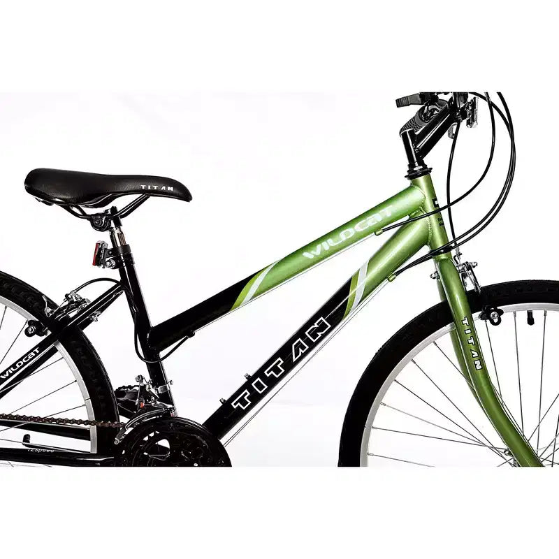 Bicicleta de montaña Titan Bikes Wildcat de 12 velocidades para mujer con sillín de altura ajustable, verde lima/negro