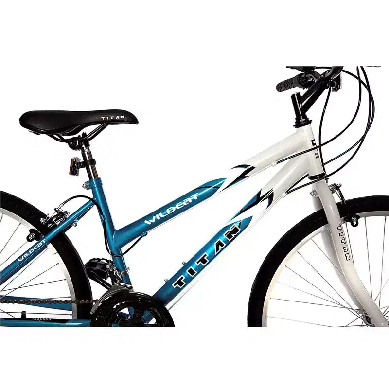 Bicicleta de montaña Titan Bikes Wildcat de 12 velocidades para mujer con altura de sillín ajustable, azul/blanco