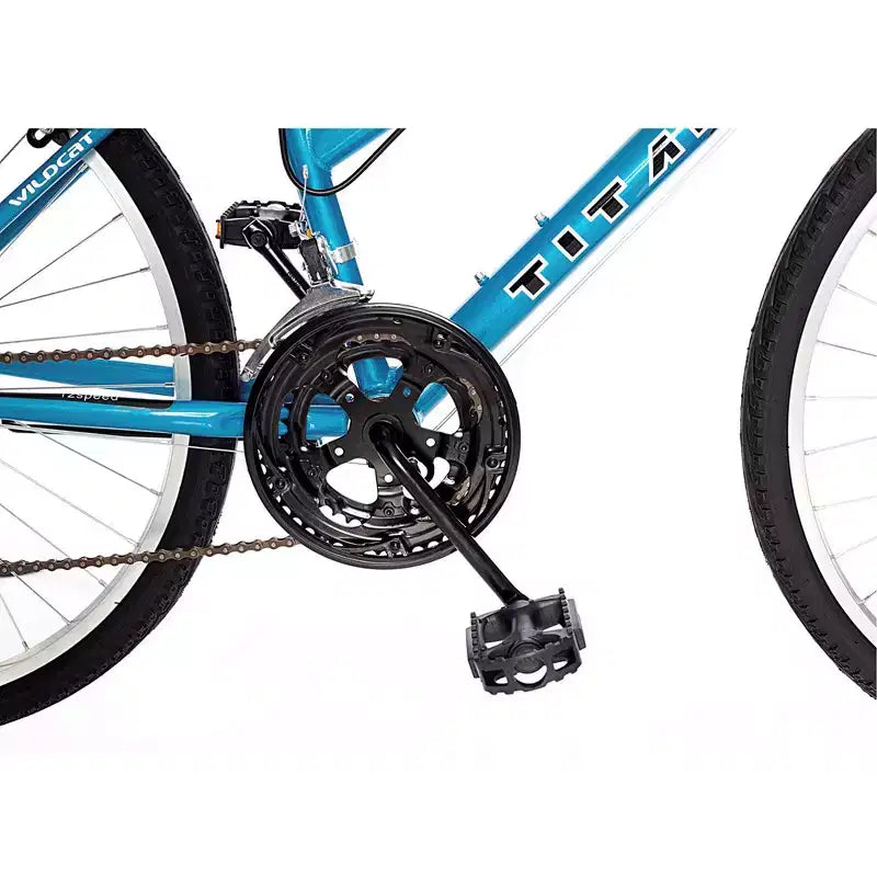 Bicicleta de montaña Titan Bikes Wildcat de 12 velocidades para mujer con altura de sillín ajustable, azul/blanco