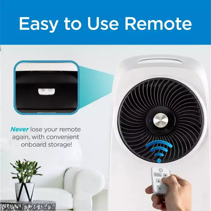Enfriador de Aire Evaporativo BLACK+DECKER con Pantalla LED, Control Remoto, Tanque de Agua de 2 Galones - Diseño Compacto y Ligero, Blanco