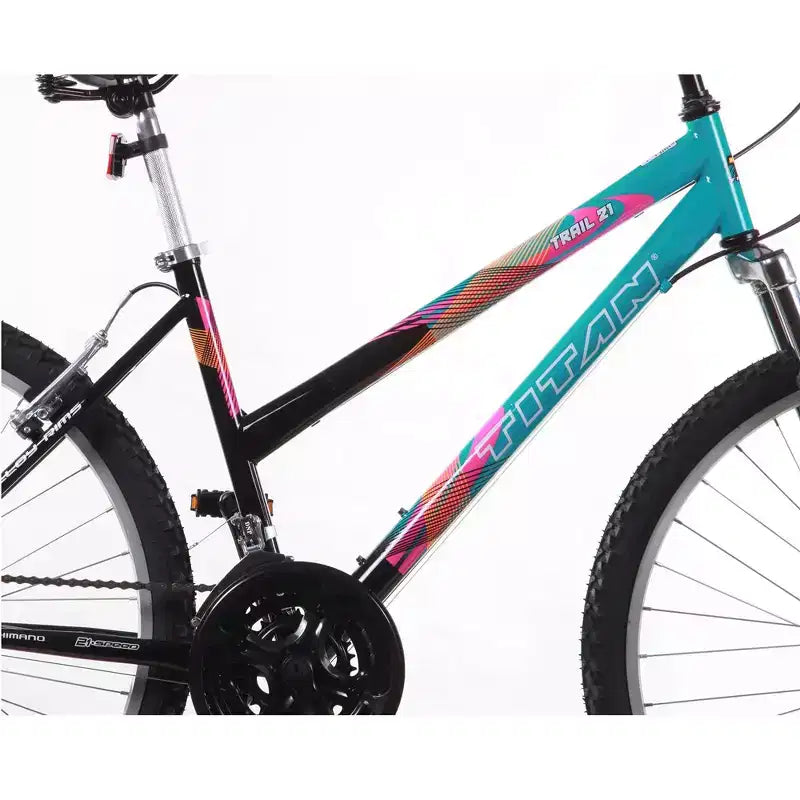Bicicleta de montaña para mujer Titan Trail de 21 velocidades con suspensión, cuadro de 18 pulgadas, azul