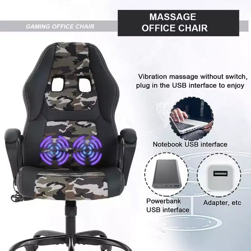 FDW Silla de Carreras para Juegos, Silla de Oficina en Casa, Silla Ergonómica de Escritorio, Silla de Ordenador de Cuero PU con Masaje, Soporte Lumbar, Reposacabezas y Apoyabrazos