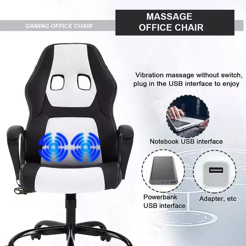 FDW Silla de Carreras para Juegos, Silla de Oficina en Casa, Silla Ergonómica de Escritorio, Silla de Ordenador de Cuero PU con Masaje, Soporte Lumbar, Reposacabezas y Apoyabrazos