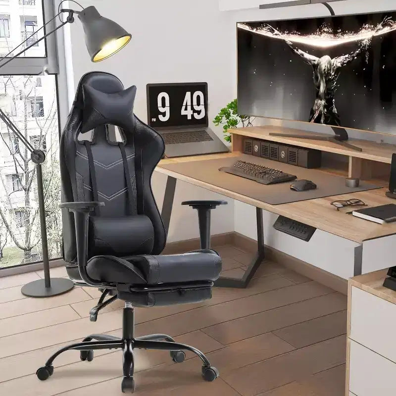 FDW Silla Gaming para PC, Silla de Oficina, Silla Ejecutiva de Respaldo Alto de Cuero PU, Silla de Ordenador de Carreras con Soporte Lumbar y Reposapiés