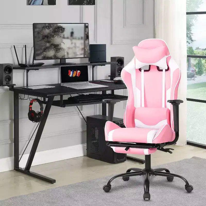 Silla para videojuegos FDW Racing, sillas para videojuegos con escritorio para computadora, cuero de PU, reposacabezas, soporte lumbar y asiento giratorio de 360 grados