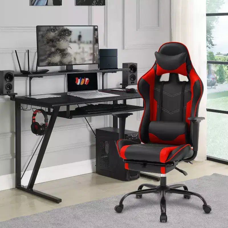 Silla para videojuegos FDW Racing, sillas para videojuegos con escritorio para computadora, cuero de PU, reposacabezas, soporte lumbar y asiento giratorio de 360 grados