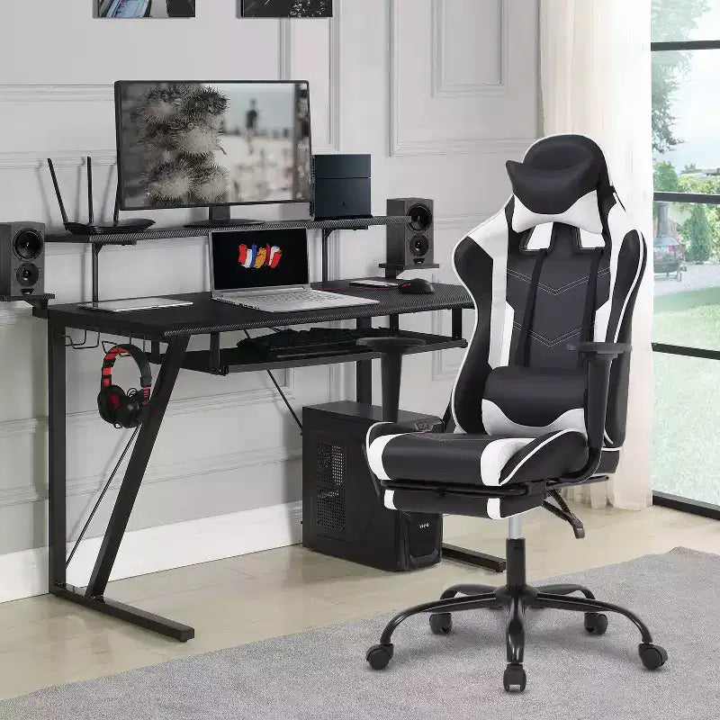 Silla para videojuegos FDW Racing, sillas para videojuegos con escritorio para computadora, cuero de PU, reposacabezas, soporte lumbar y asiento giratorio de 360 grados